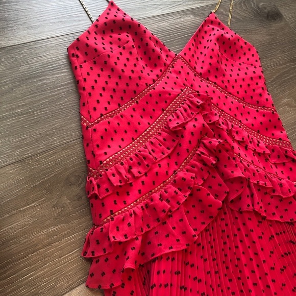 Self Portrait Crochet Trimmed Ruffled Plumetis Maxi Dress Size 6 - Picture 6 of 13